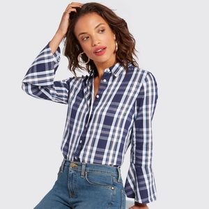 Draper James Navy White Plaid Bell Sleeve Lightweight Button Up Shirt